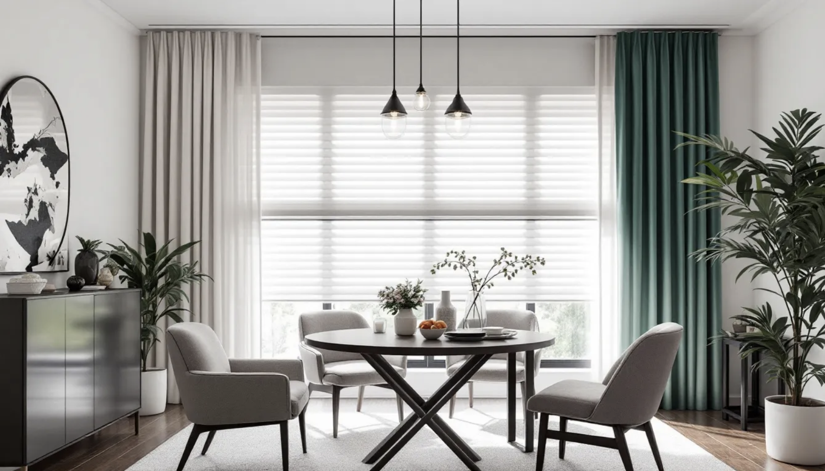 dining room with window coverings